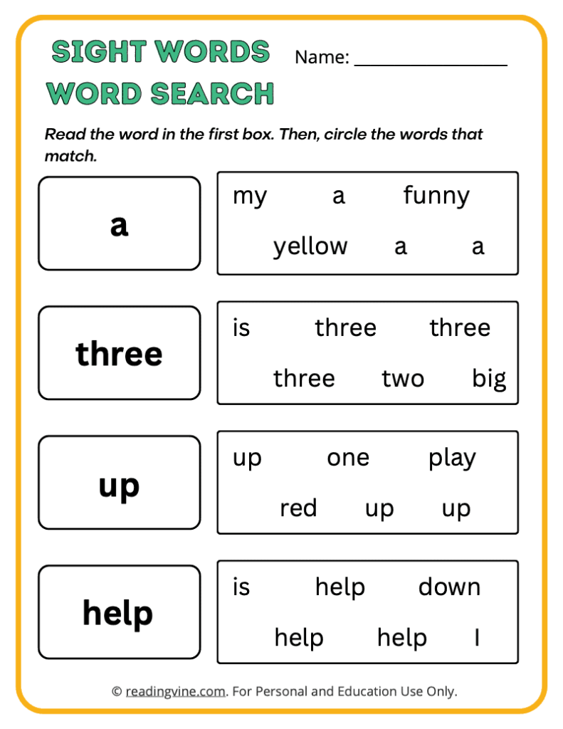 Pre-K Word Search Sight Words 3