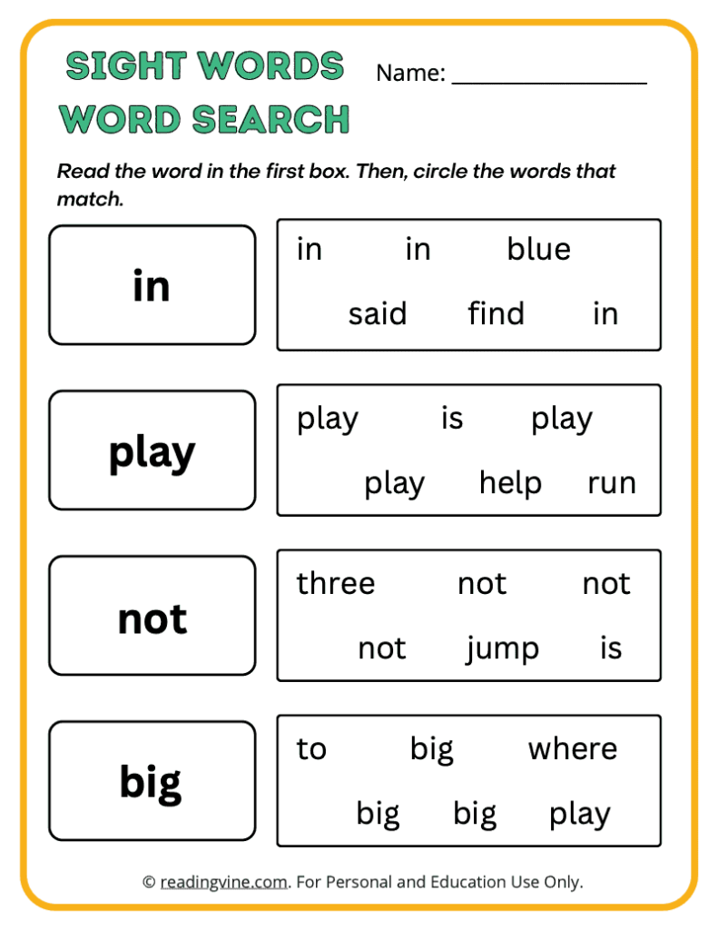 Pre-K Word Search Sight Words 4