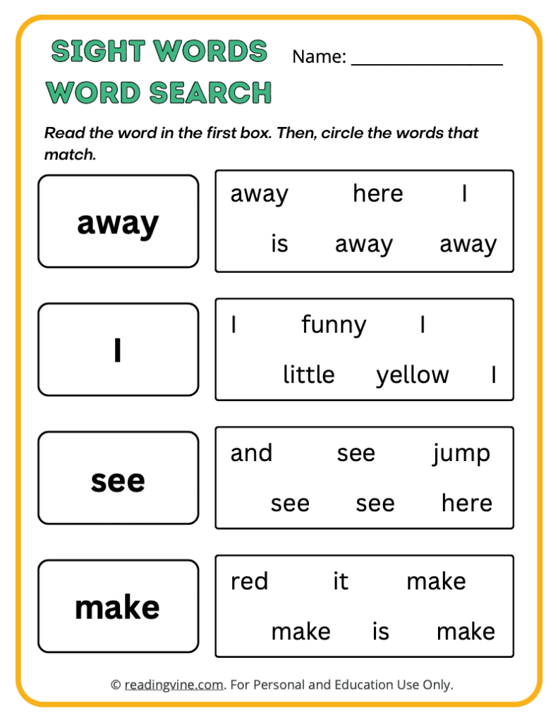 Pre-K Word Search Sight Words 5