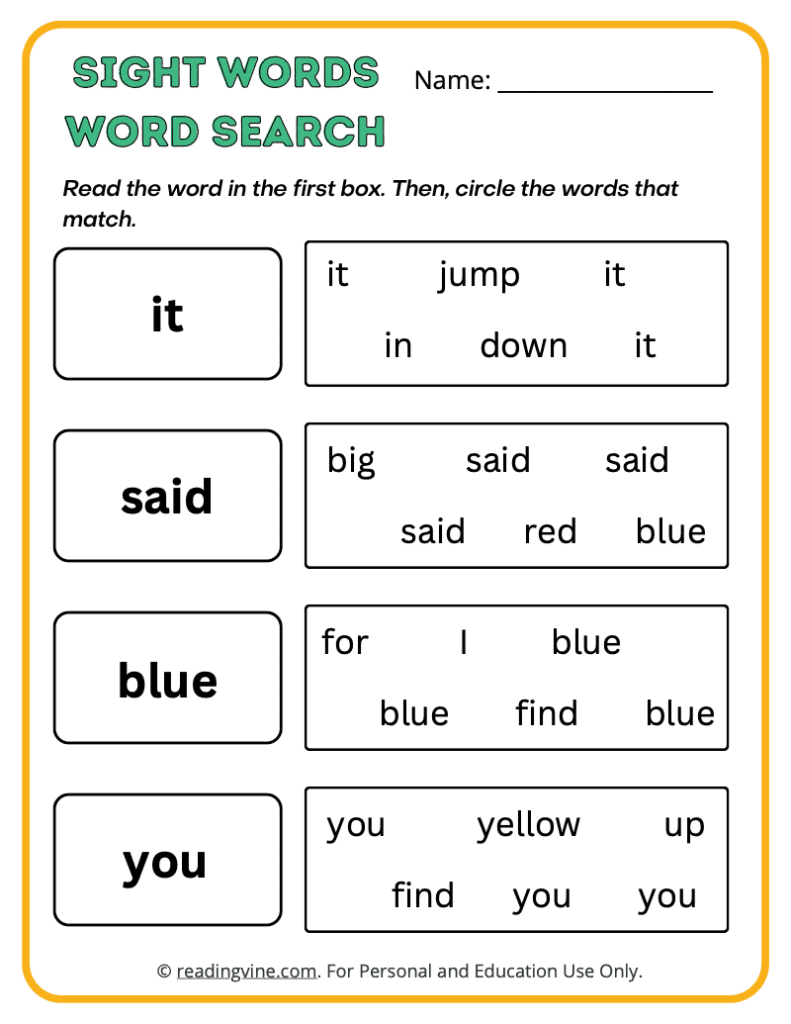 Pre-K Word Search Sight Words 7