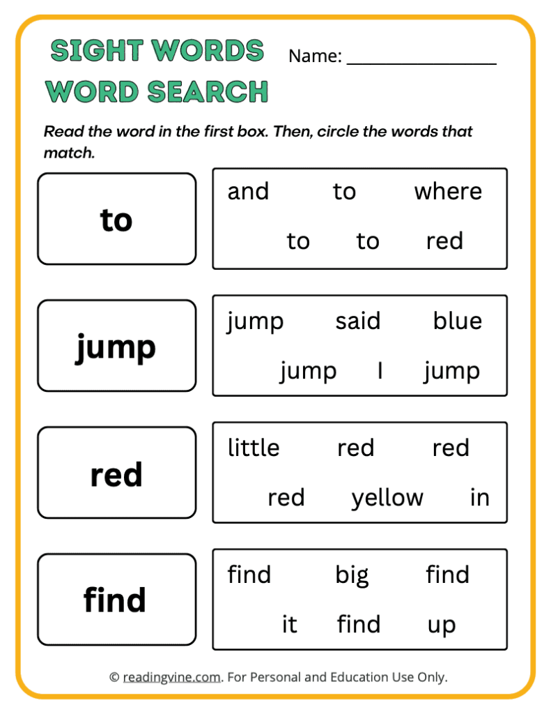 Pre-K Word Search Sight Words 8
