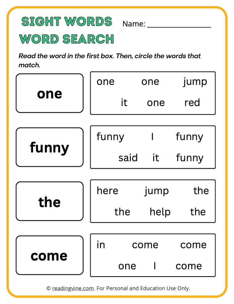 Pre-K Word Search Sight Words 9
