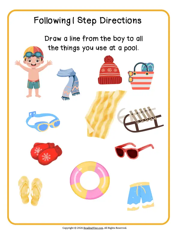 1 step directions – Draw a Line From The Boy to The Pool Items