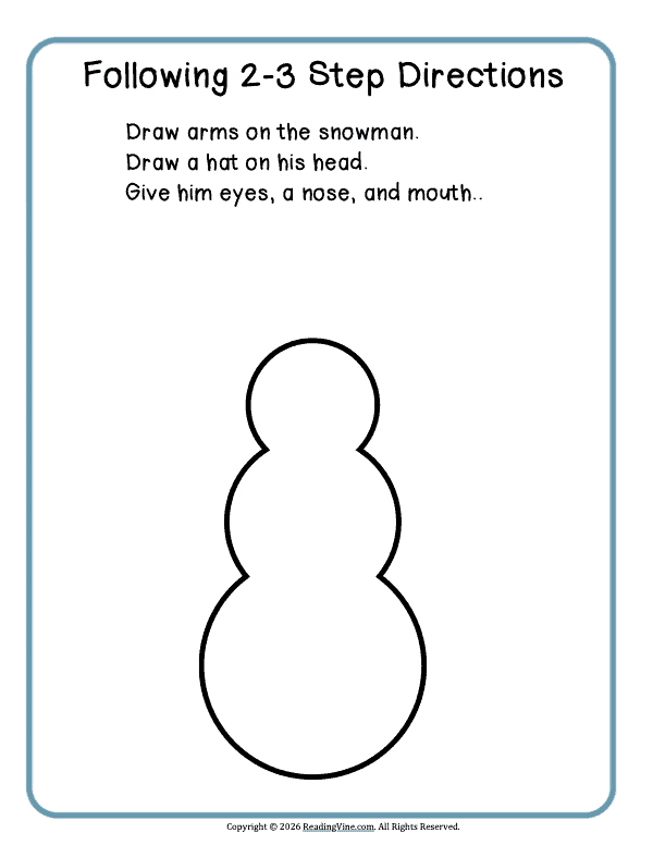 2-3 step directions – Draw Eyes, Arms and a Face on the Snowman