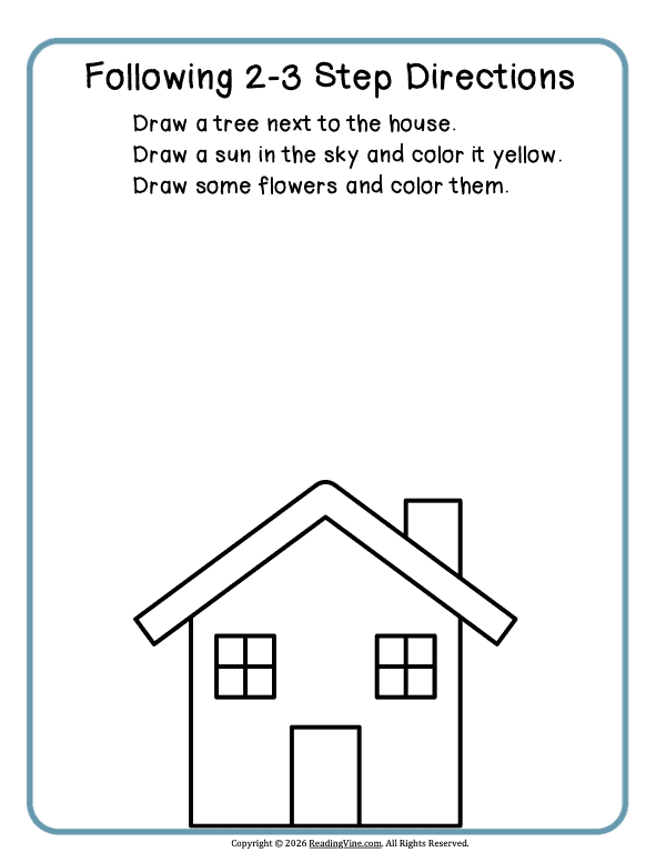 2-3 step directions – Draw a Tree, Sun and FLowers