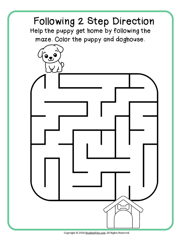 2 step directions – Follow the Maze and Color the Puppy