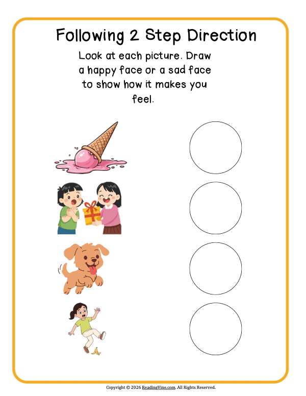 2 step directions – Look at Each Picture and Draw a Happy or Sad Face