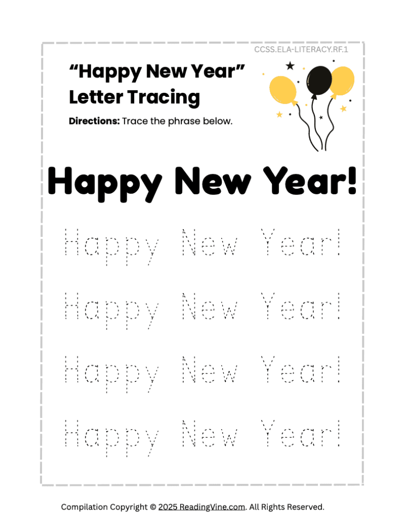 Happy New Year Letter Tracing