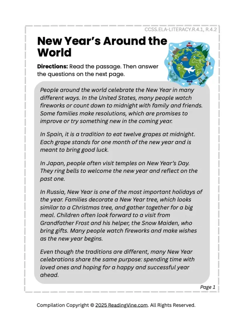New Year Around the World Reading Activity