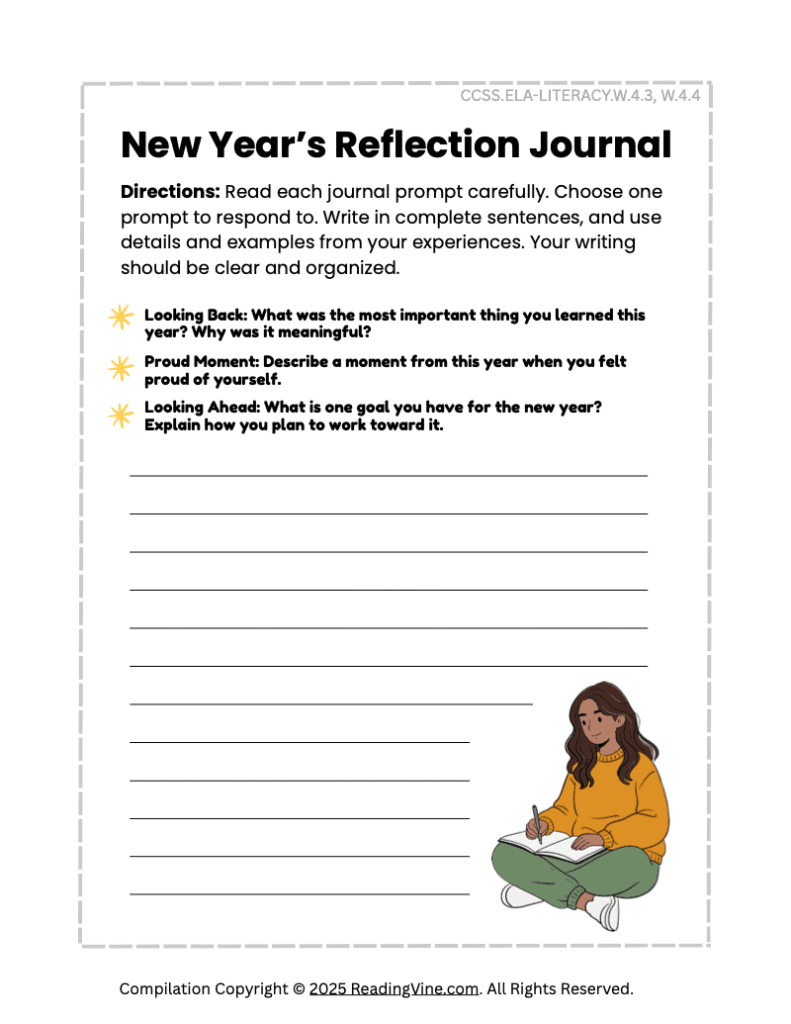 New Year’s Relection Journal Writing Activity