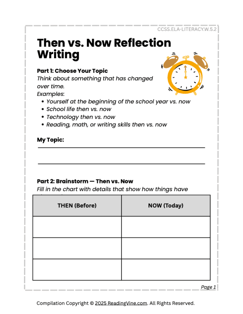 New Year’s Then Versus Now Reflection Writing Activity